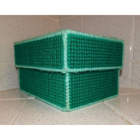 Handmade Aqua & Peach Plastic Canvas Needlepoint Trinket Box cross stitch craft - Picture 4 of 11